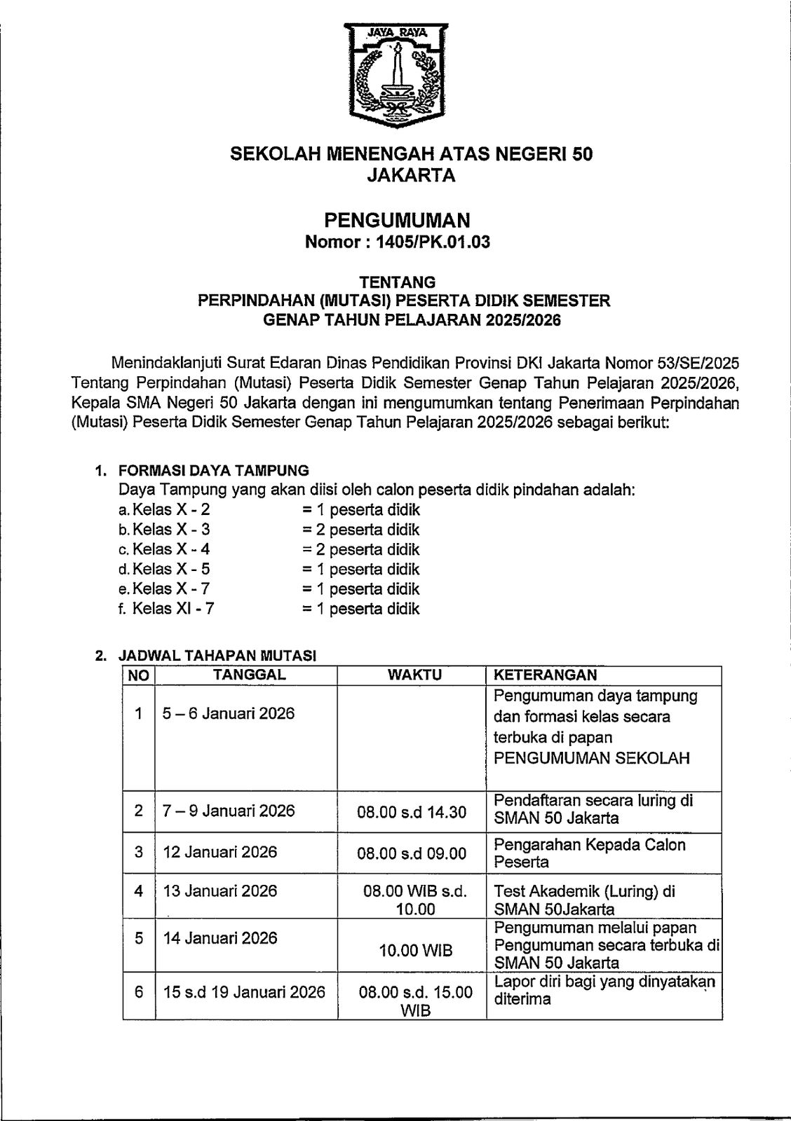 Pengumuman Mutasi Peserta Didik SMA Negeri 50 Jakarta Semester Genap Tahun Pelajaran 2025/2026
